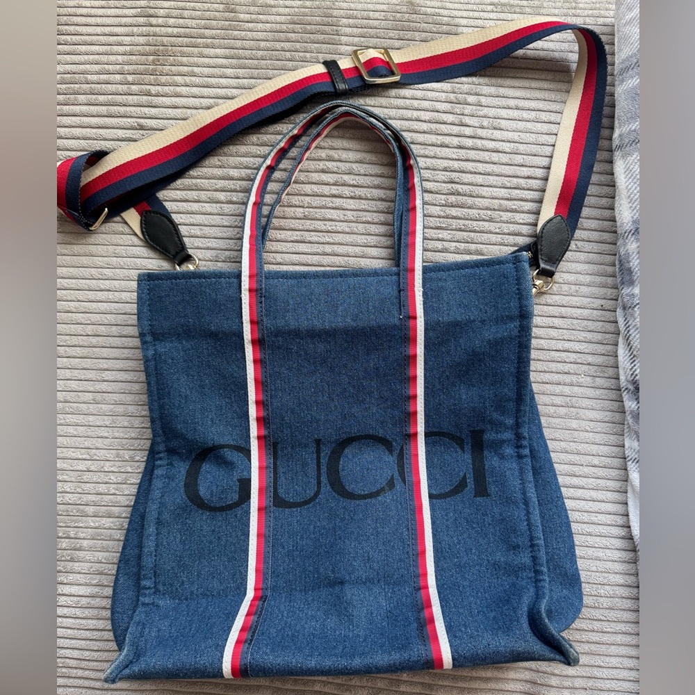 Denim Messenger Bag with Red and White Accents